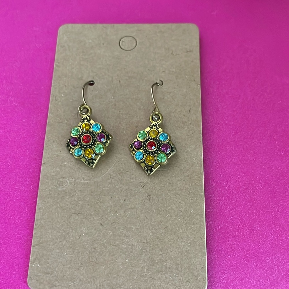 Gold Tone Antique‎ Gold Rhombus Shape Multicolor Rhinestone Drop Earrings Small
